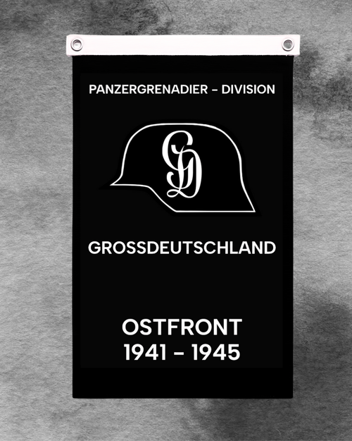 WAR ARCHIVE — Großdeutschland — Ostfront, black canvas flag with white unit insignia and lettering.